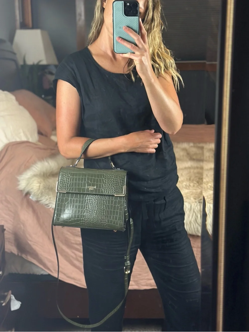 Dune London Olive Green Croc Embossed Crossbody Bag + Matching Coin Pouch NWOT